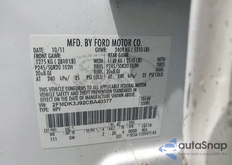 2012 Ford Edge Sel z USA, uszkodzony, nr VIN 2FMDK3J92CBA40377